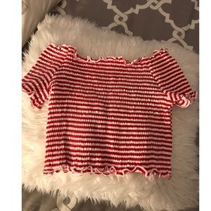 Red and white striped off the shoulder crop top